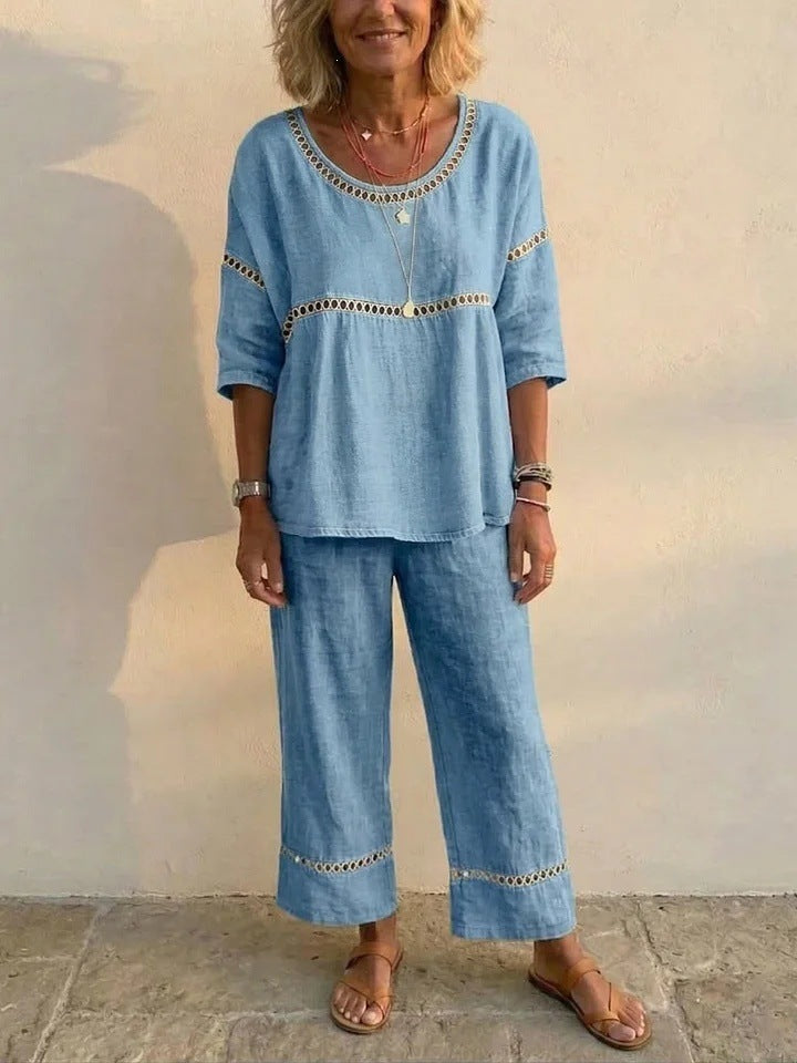 Damen Kompletter Loungewear-Anzug aus Leinen mit luftiger Passform und Spitzenakzenten Drune