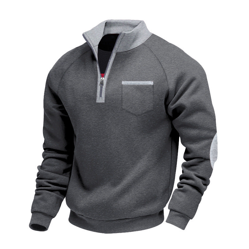 Herren nan Fleece-Quarterzip Pullover mit Brusttasche und Ellbogenpatches Drune