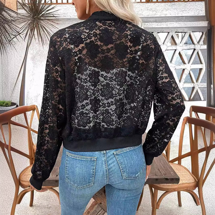 Damen nan Spitzen-Bomberjacke mit Reißverschluss, Rippbündchen und floraler Transparenz Drune