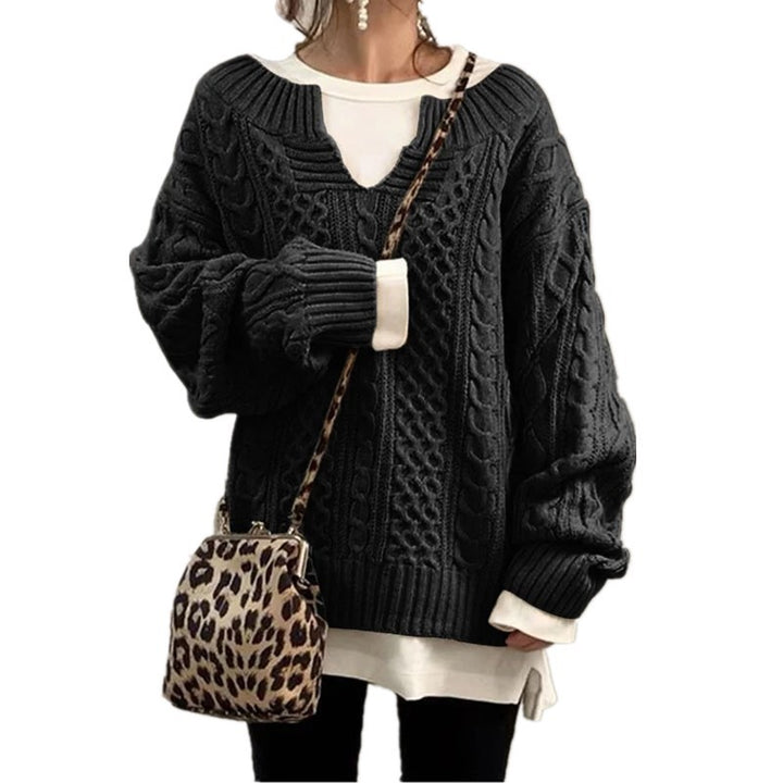 Damen nan weit geschnittener Strickpullover mit Zopfmuster und V-Ausschnitt Drune