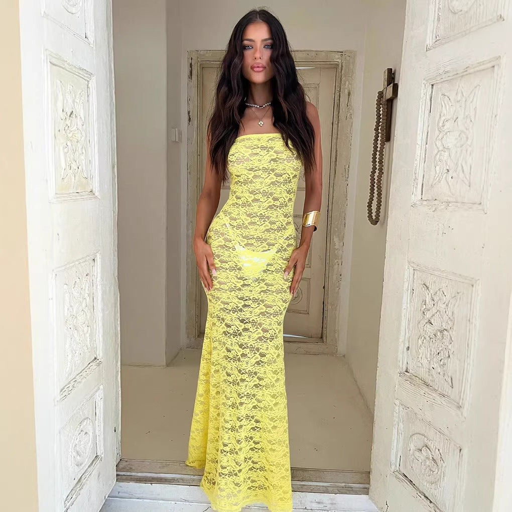 Damen Elegantes Spitzen-Maxikleid mit trägerlosem Design und figurbetontem Schnitt Drune