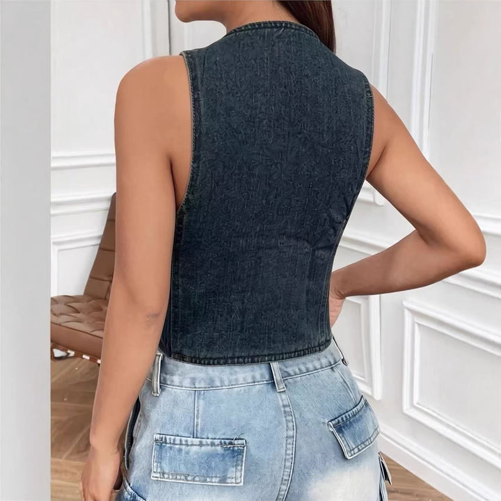 Damen ärmellose Denim-Weste mit aufgesetzten Taschen und tiefem V-Ausschnitt Drune