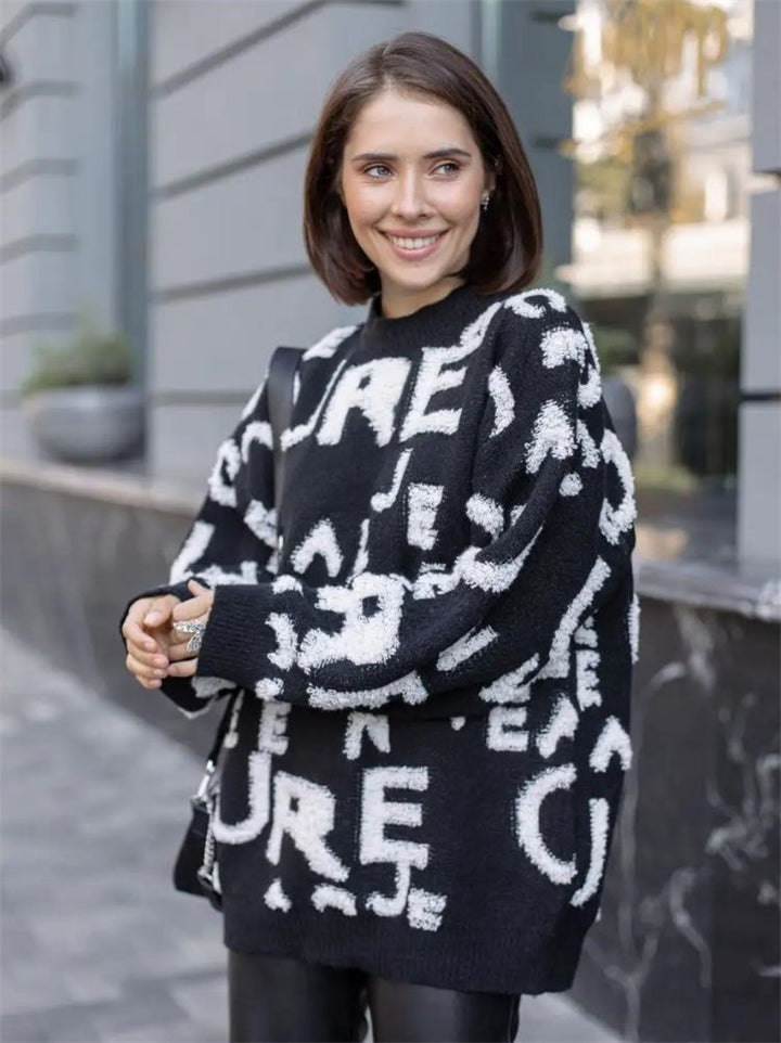 Damen übergroßer Pullover mit auffälligem Schriftzug und weichem Material Drune