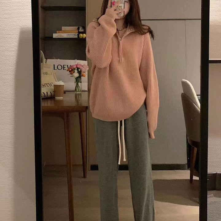 Damen Leichter Strickpullover mit hohem Kragen und dekorativem Reißverschluss Drune
