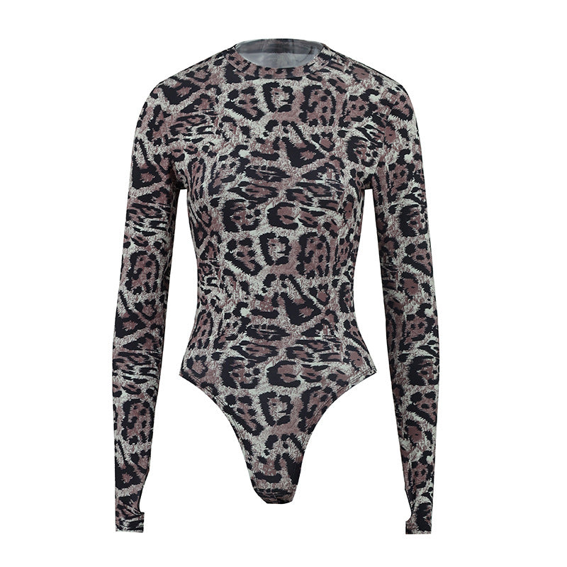 Damen Langarm Bodysuit mit modischem Animal Print Drune