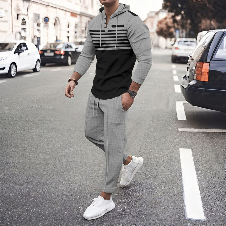 Herren nan Henley-Kapuzen-Lounge-Set mit Streifenpasse, Halbknopfleiste und konischer Jogginghose Drune