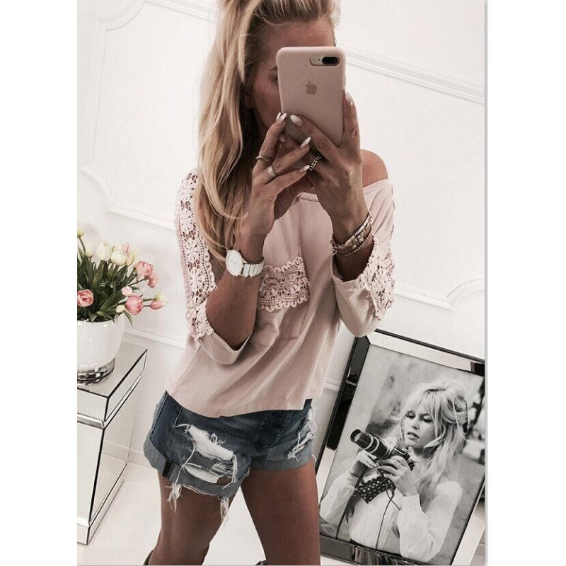 Damen Off-Shoulder Oberteil mit Spitzenverzierung und lockerer Passform Drune