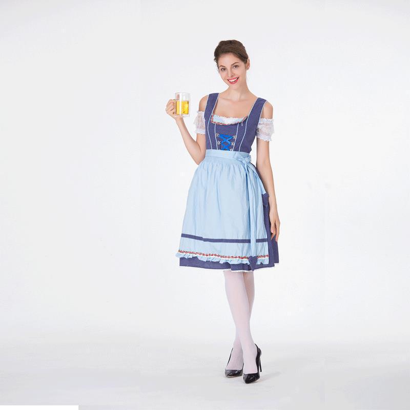 Damen nan bayerisches Trachtenkleid mit gepunktetem Mieder, Spitzeneinsätzen und geraffter Schürze Drune
