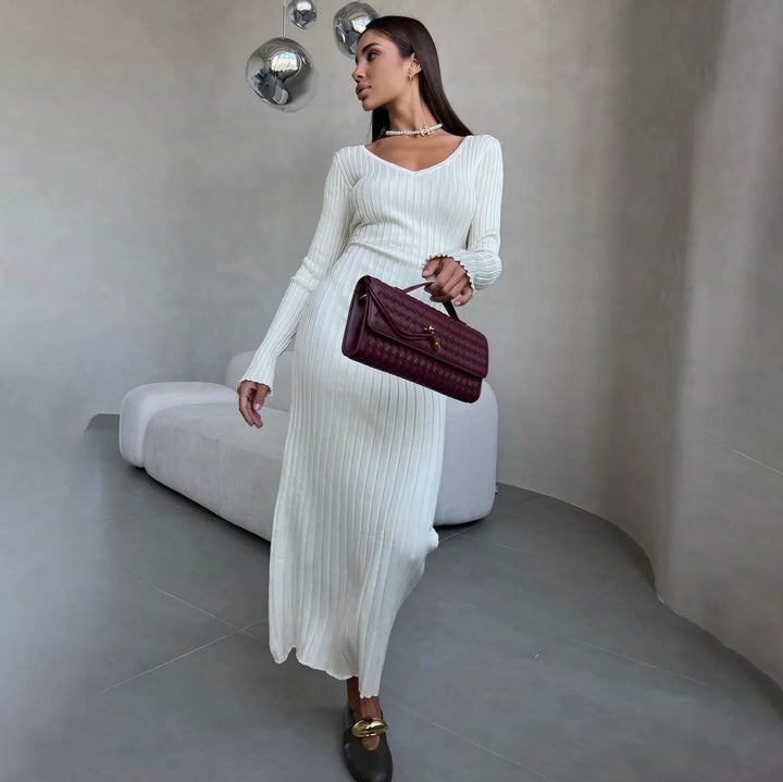 Damen Maxikleid mit raffiniertem Rippenstrick und schulterfreiem Design Drune