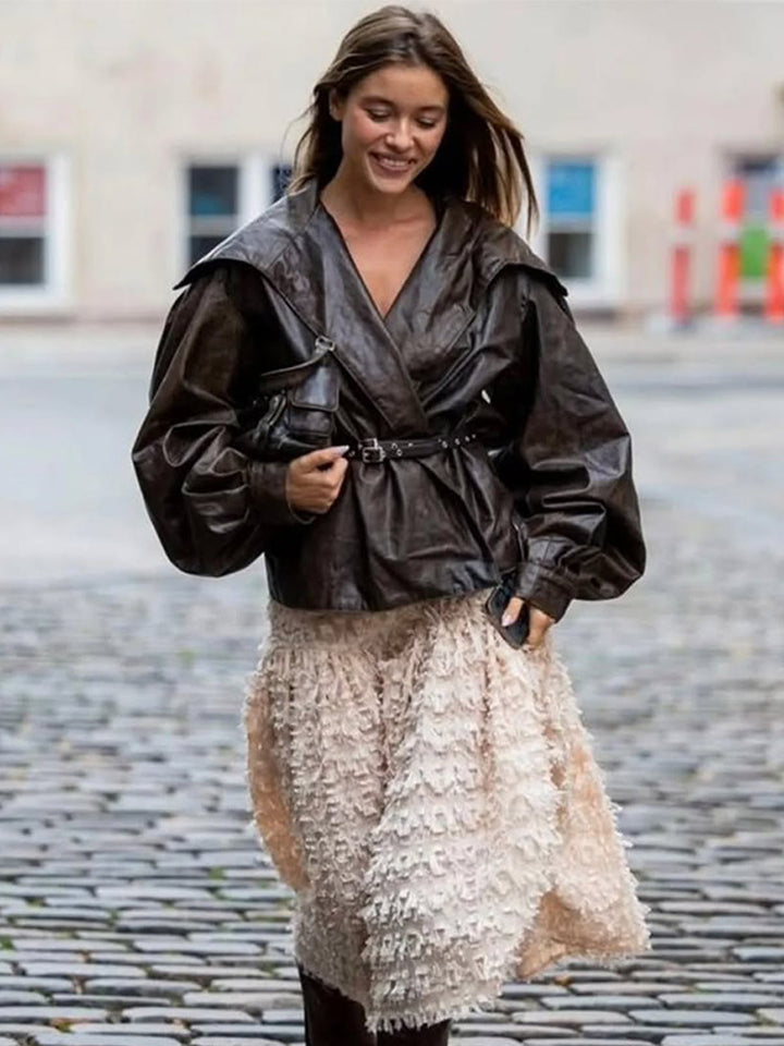 Damen Elegante Lederjacke mit voluminösen Puffärmeln Drune