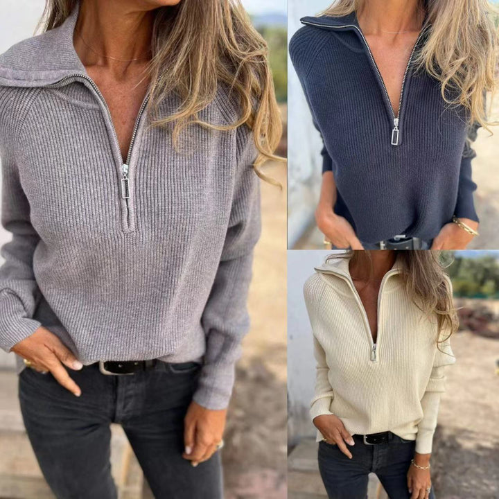 Damen modischer Strickpullover mit halben Reißverschluss und Rippstruktur Drune