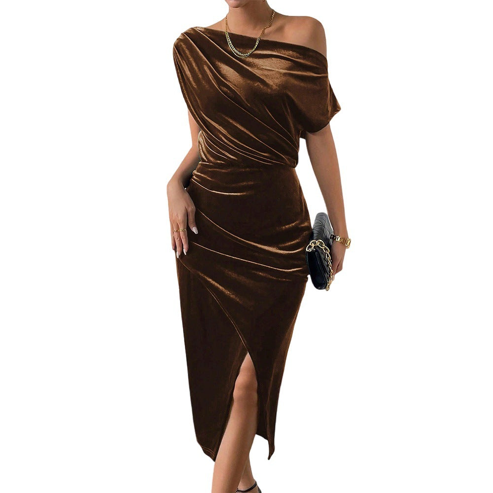 Damen Elegantes Maxikleid mit schulterfreiem Design und luxuriösem Samt Drune
