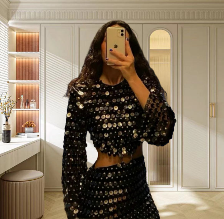 Damen modisches Minikleid mit durchsichtigen Ärmeln und Paillettenbesatz Drune
