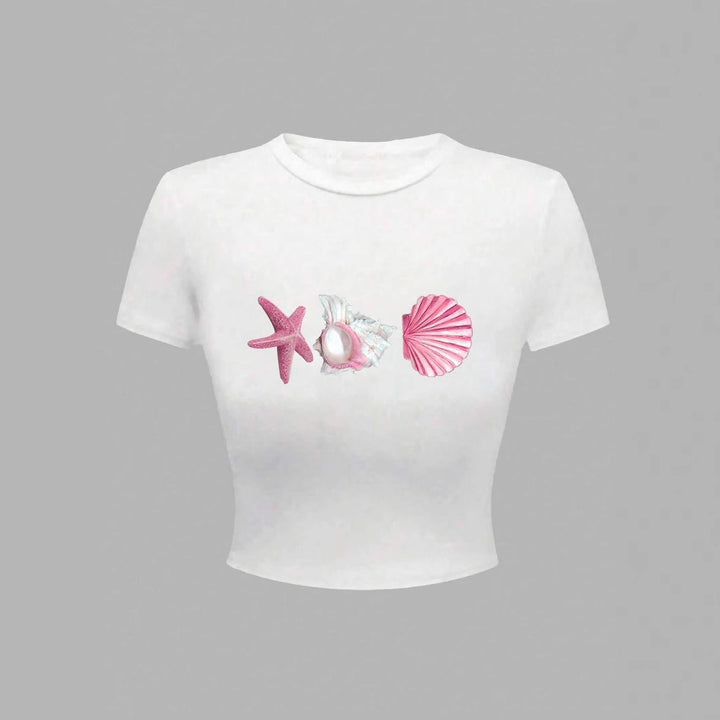 Damen Crop-T-Shirt mit maritimen Aufdrucken Drune