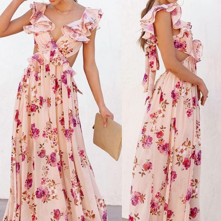Damen Elegantes Maxikleid mit Rüschendetails und floralem Design Drune