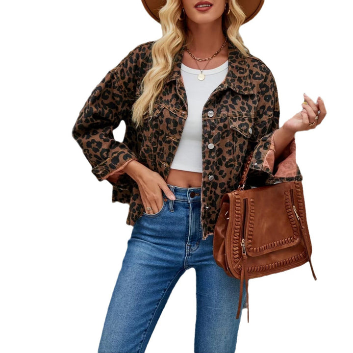 Damen Jeansjacke mit Leopardenmuster und lässigem Schnitt Drune