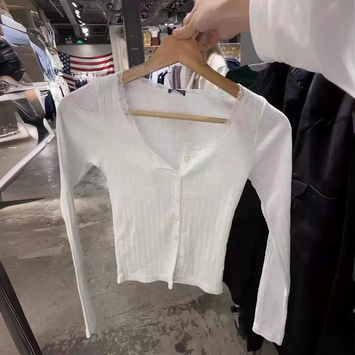 Damen feines Langarmshirt mit zarter Spitzenverzierung Drune
