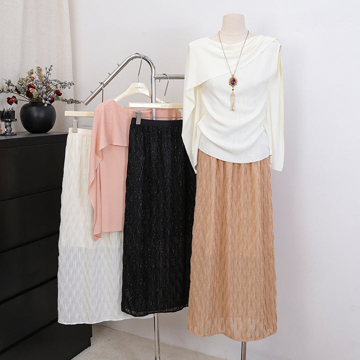 Damen nan bestickter Midimaxirock mit feinem Glitzermesh und elastischem Komfortbund Drune