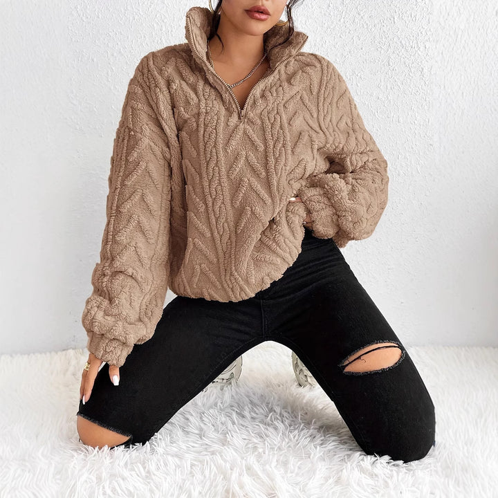 Damen Flauschiger Oversized-Pullover mit Zipper und Rippstruktur Drune
