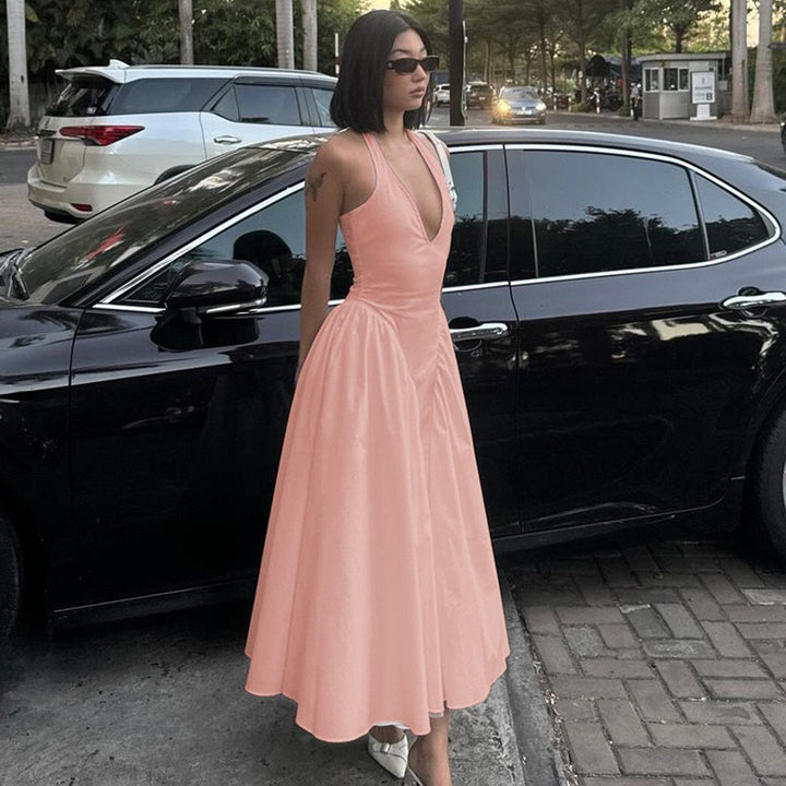 Damen Elegantes Maxikleid mit tiefem V-Ausschnitt und fließendem Rock Drune