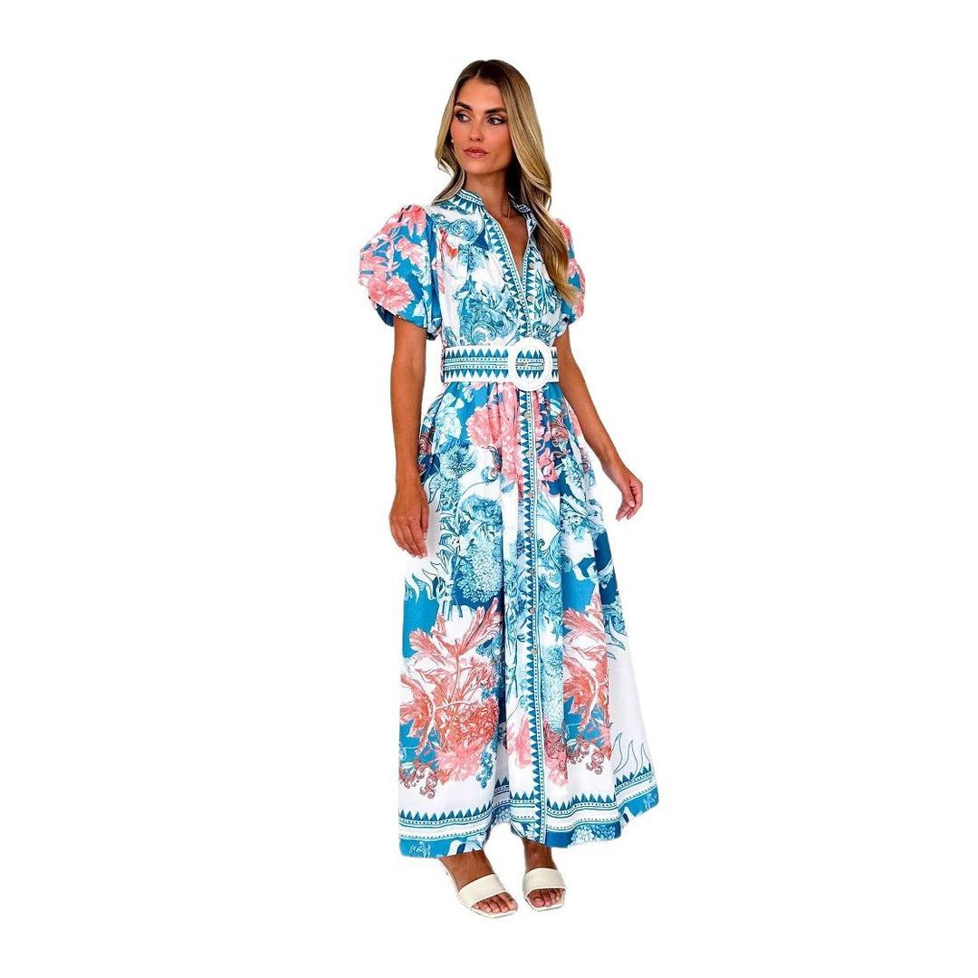 Damen Maxikleid mit hohem Kragen und eleganten Puffärmeln Drune