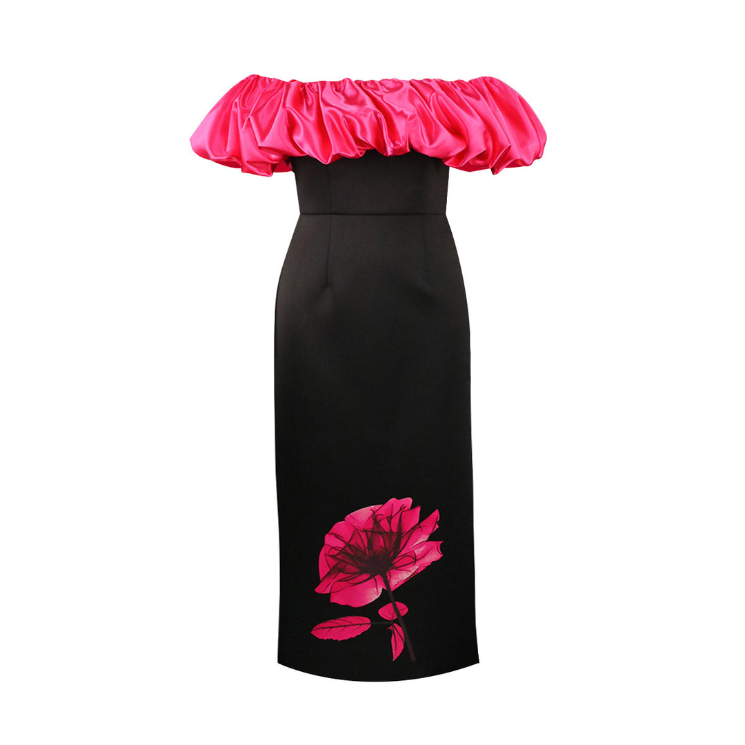Damen elegantes Maxikleid mit voluminösem Rüschenkragen und floralem Print Drune