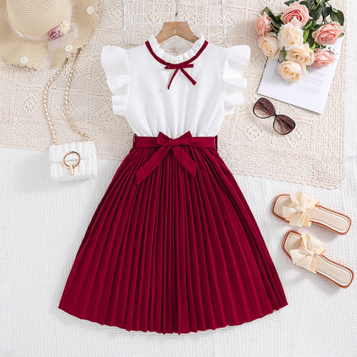 Mädchen Faltenrockkleid mit Puffärmeln und Taillenknoten Drune