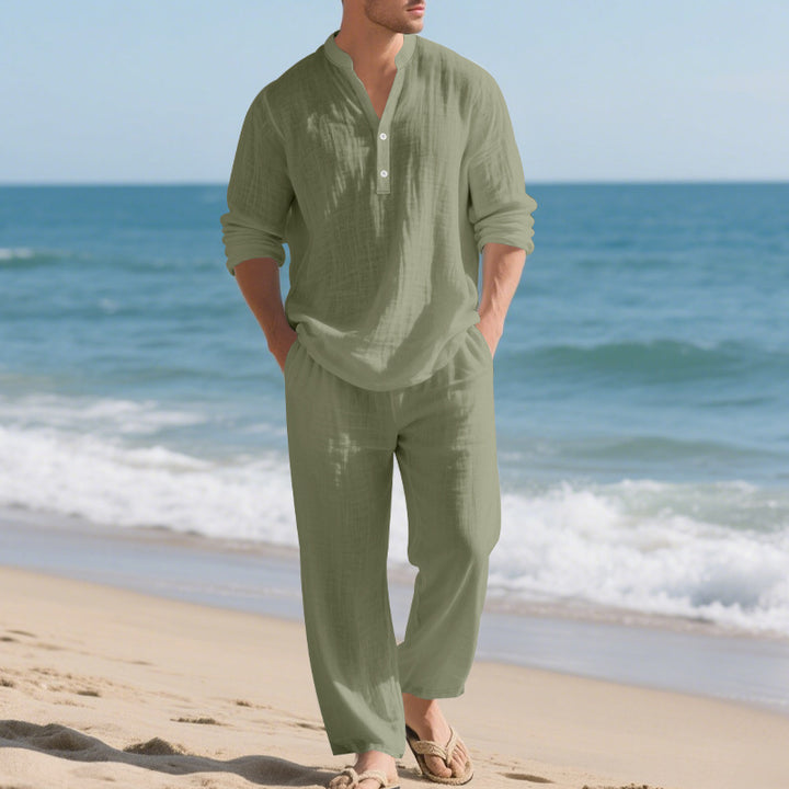 Herren nan legeres Henley-Set aus leichter Leinenoptik mit Stehkragen und elastischer Tunnelzughose Drune