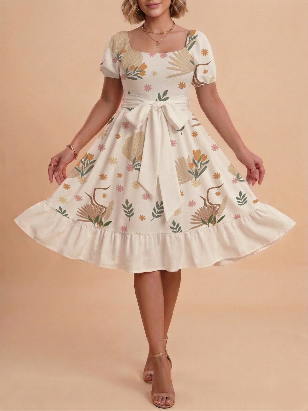 Damen Sommerliches Blumenkleid mit taillierbarem Gürtel und voluminösen Ärmeln Drune