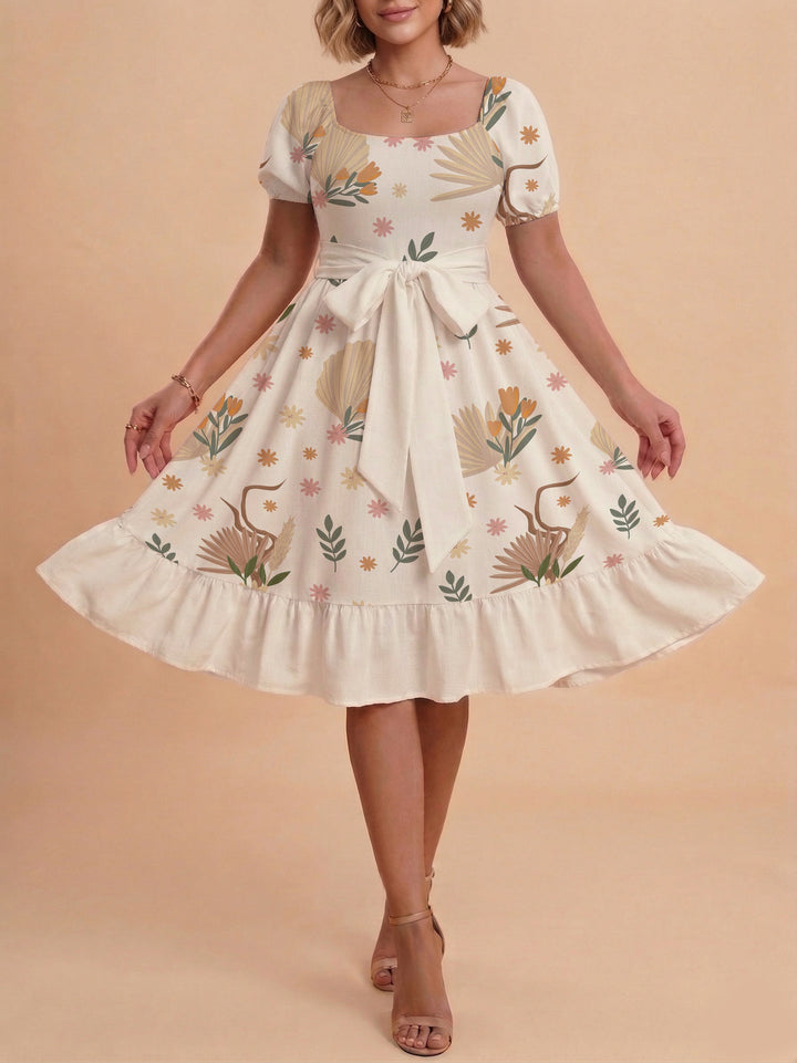 Damen Sommerliches Blumenkleid mit taillierbarem Gürtel und voluminösen Ärmeln Drune