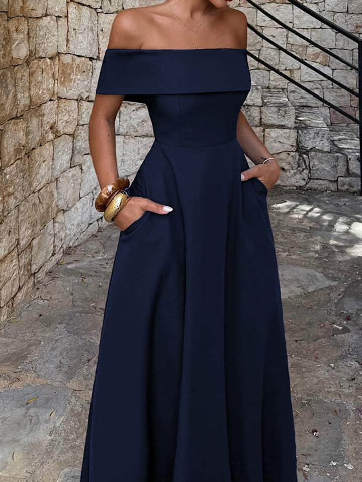 Damen Off-Shoulder Maxikleid mit Taschen und eleganter Silhouette Drune