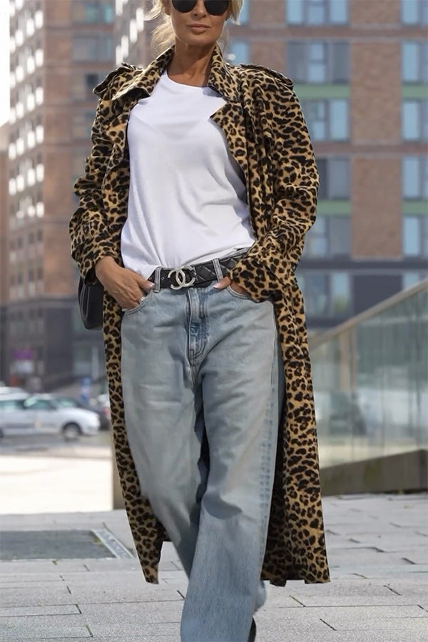 Drune | Leoparden Revers Lockerer Langer Trenchcoat