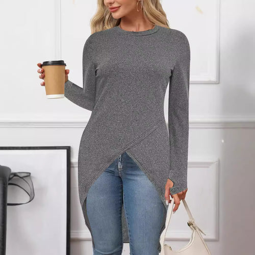 Damen asymmetrisches Long-Tunika Oberteil mit raffiniertem Wickeldesign Drune