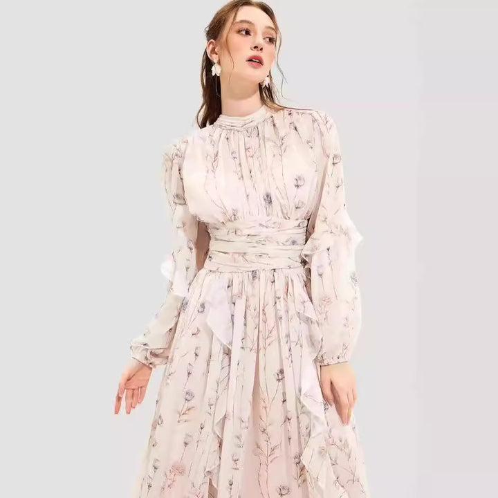 Damen Midi-Kleid mit floralen Stickereien und elegantem Rüschensaum Drune