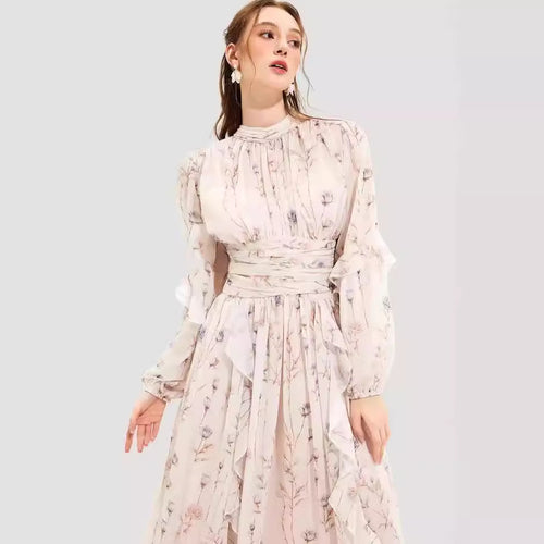 Damen Midi-Kleid mit floralen Stickereien und elegantem Rüschensaum Drune