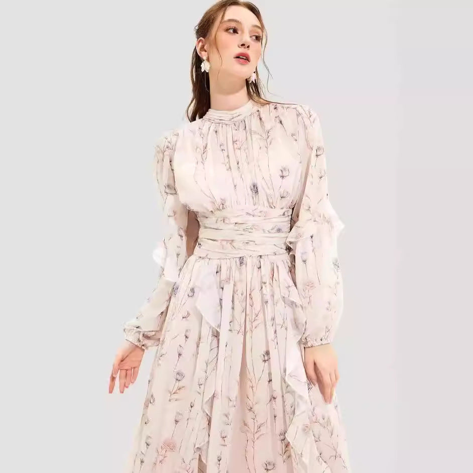 Damen Maxikleid mit floralen Rüschen und Halsbündchen Drune