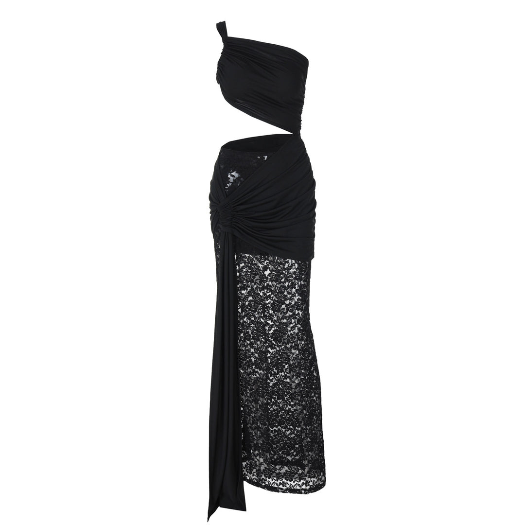 Damen Elegantes Maxikleid mit asymmetrischem Design und Spitzenverarbeitung Drune