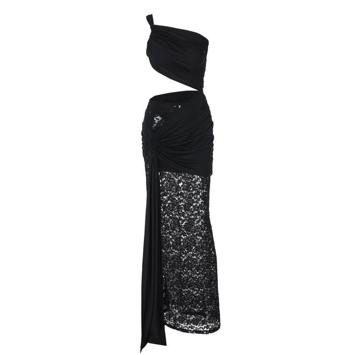 Damen Elegantes Maxikleid mit asymmetrischem Design und Spitzenverarbeitung Drune