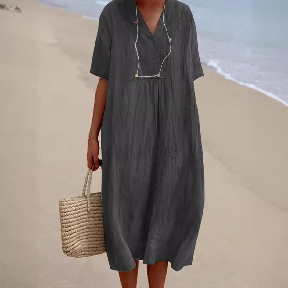 Damen lässiges Leinenkleid mit Knopfdetails und schickem V-Ausschnitt Drune
