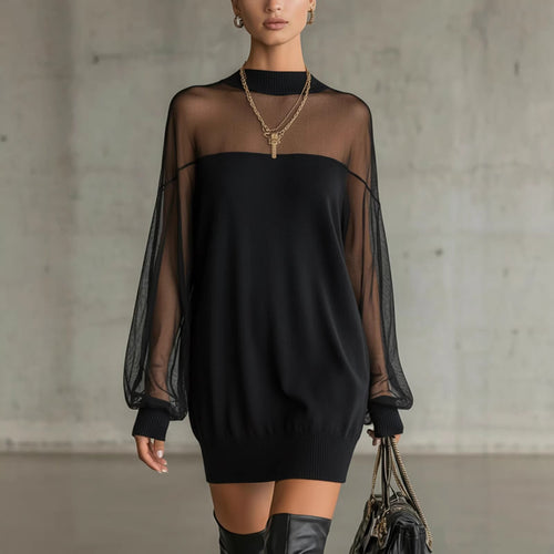 Damen Luftiges Minikleid mit transparenten Ärmelpartien und stylischem Highneck Drune