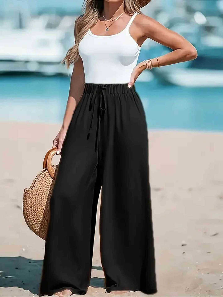 Damen weite und luftige Sommerhose mit elastischem Bund undSeitentaschen Drune