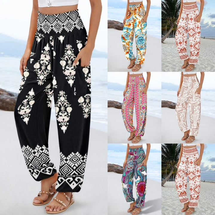 Damen weite Palazzo-Hose mit buntem Paisleymuster und elastischem Bund Drune