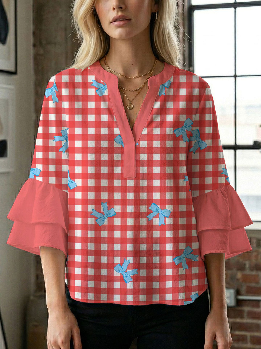 Damen Blusenshirt mit voluminösen Ärmeln und kreativem Druckdesign Drune