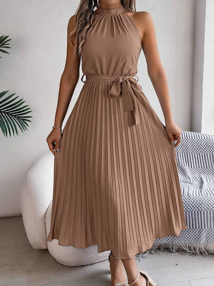 Drune | Frühling Elegante Stehkragen Taille-betonte Falten Maxi Kleid