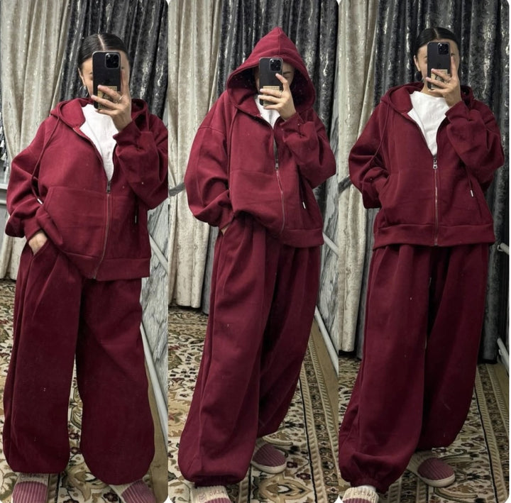 Damen nan übergroße Kapuzenjacke mit Reißverschluss und weite Jogginghose Lounge Set Drune