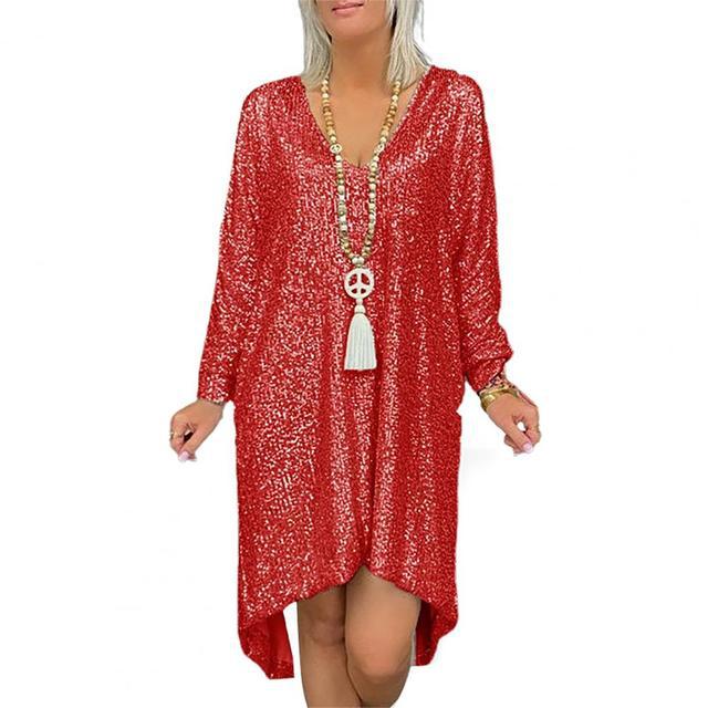 Damen Glitzerndes Oversized Kleid mit V-Ausschnitt und langen Ärmeln Drune