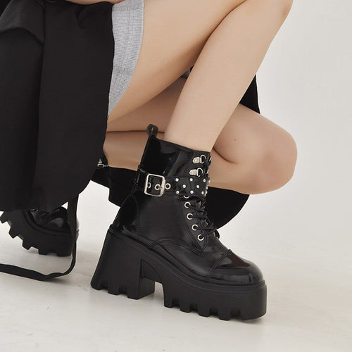 Damen High-Top Stiefeletten mit modischem Schnallen-Detail und robustem Plateau Drune