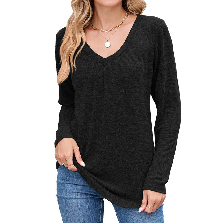 Damen lässiges Langarmshirt mit V-Ausschnitt und Falten Detail Drune