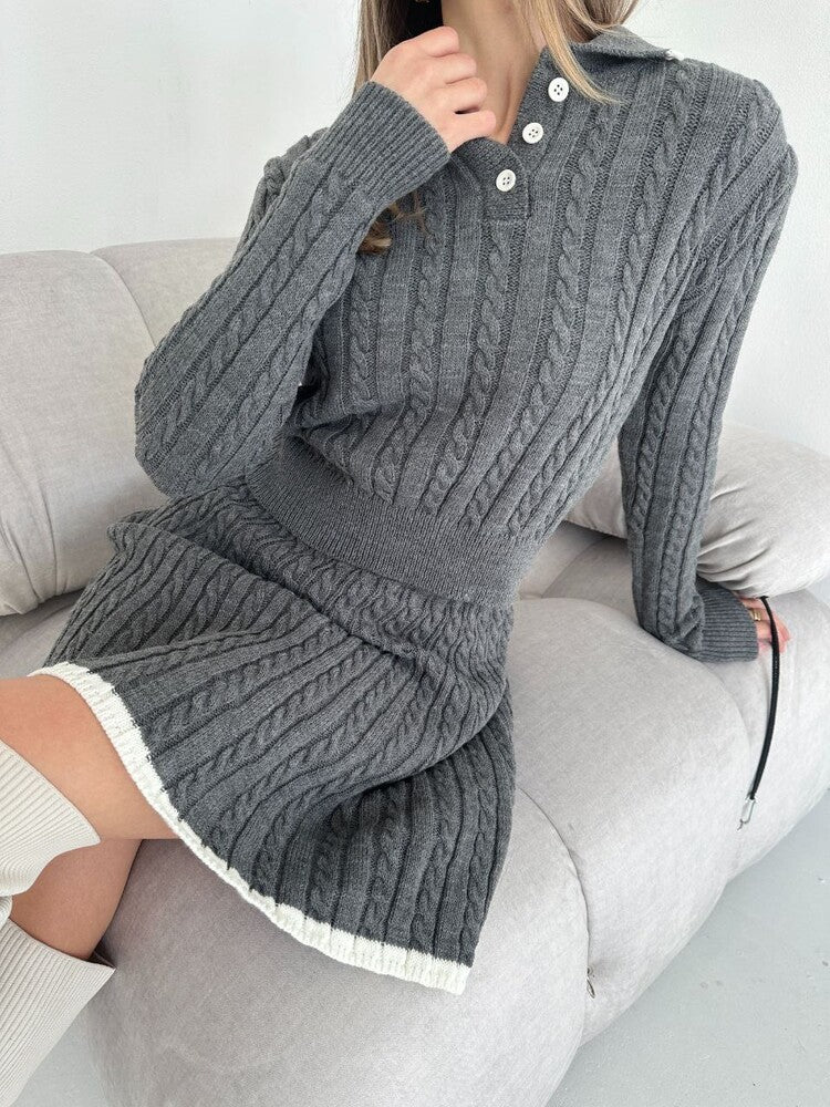 Damen Strickkleid mit Polo-Kragen und hochwertiger Zopfmuster-Oberfläche Drune