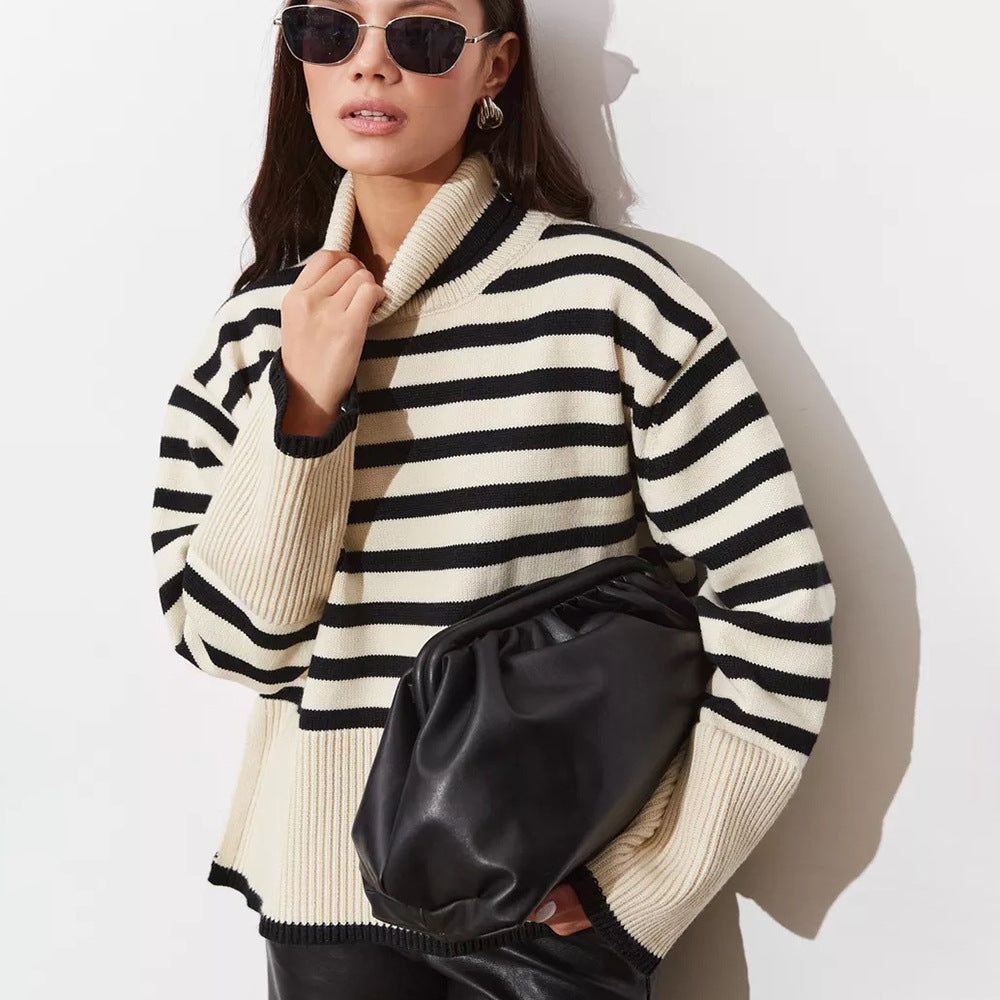 Damen Gemütlicher Rollkragenpullover mit klassischen Streifen und modischen Details Drune